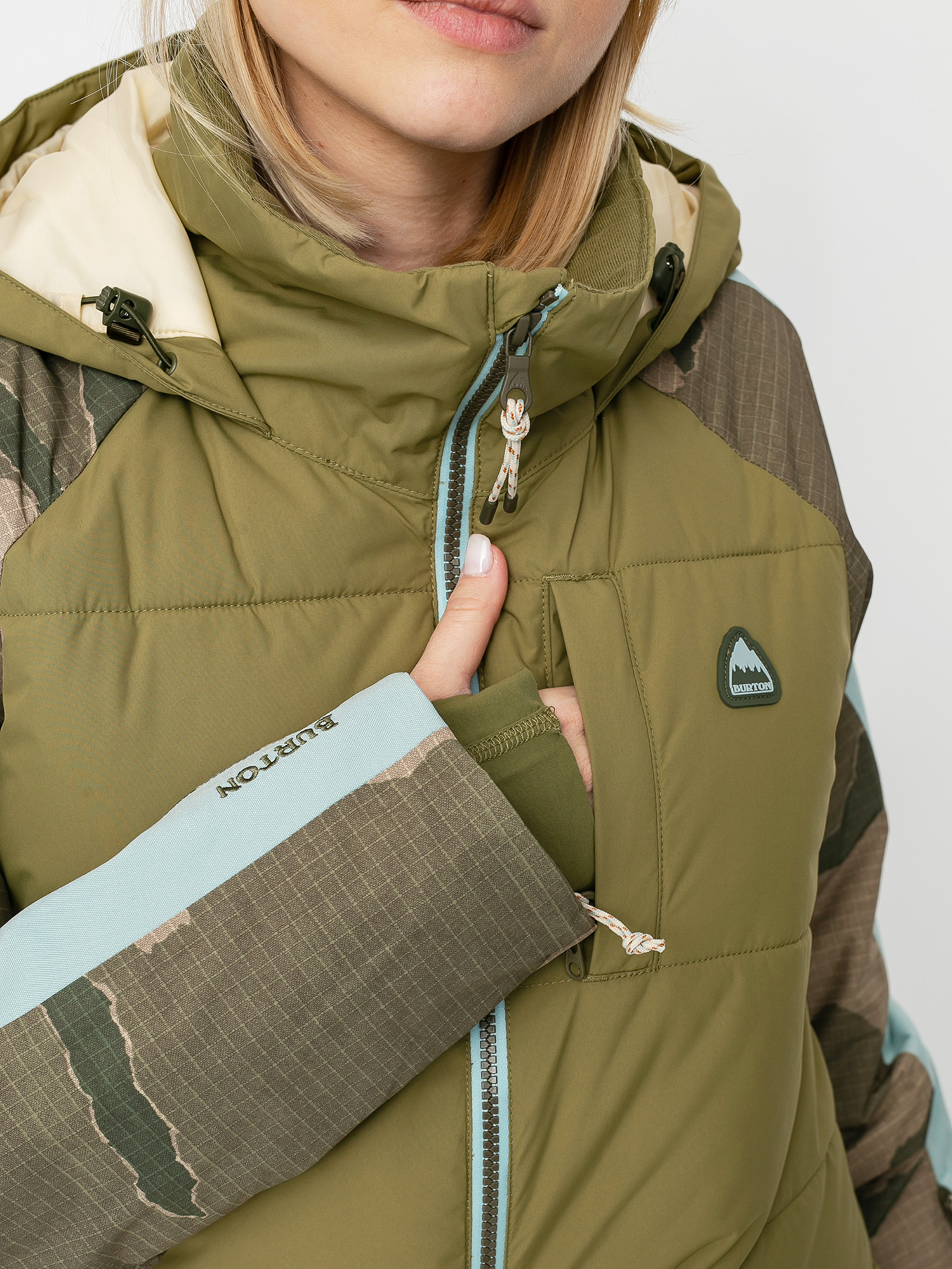 Pentru femei Geacă de snowboard Burton Keelan (martini olive/barren camo/ether blue)