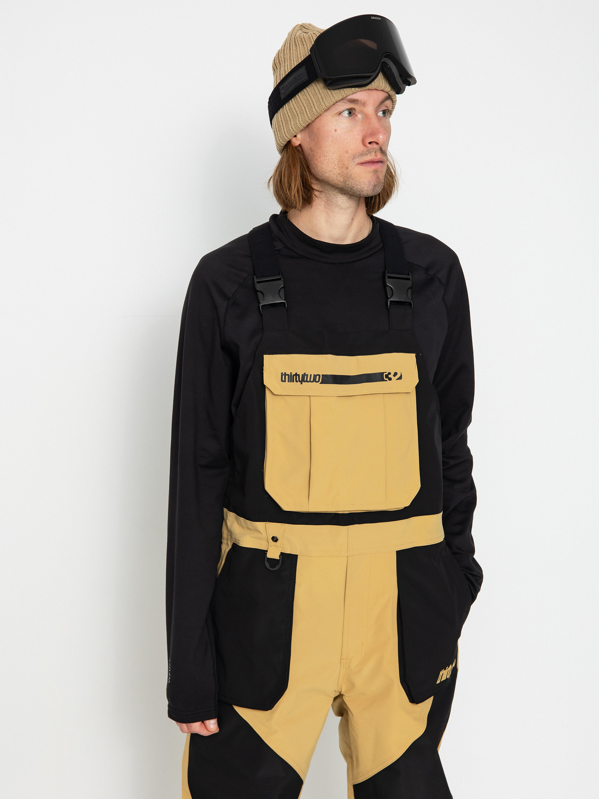 Pentru bărbați Pantaloni pentru snowboard ThirtyTwo Basement Bib (black/tan)