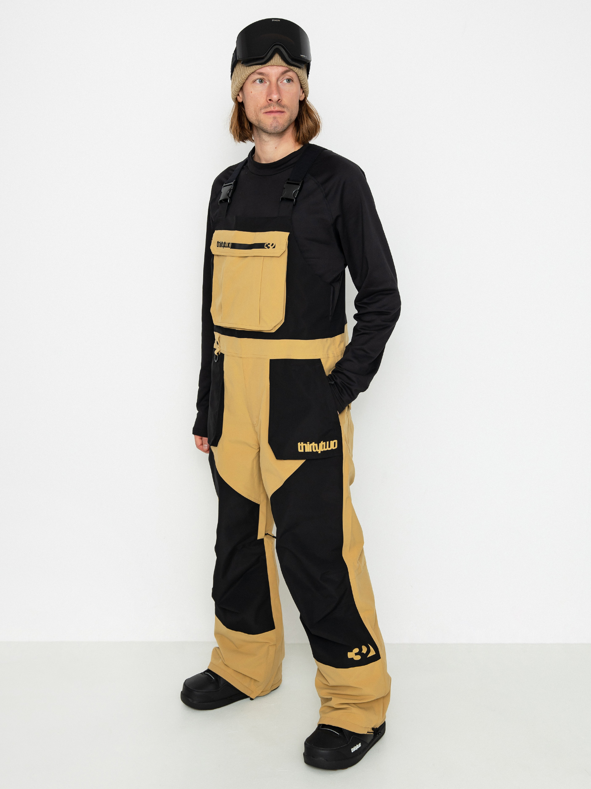 Pentru bărbați Pantaloni pentru snowboard ThirtyTwo Basement Bib (black/tan)