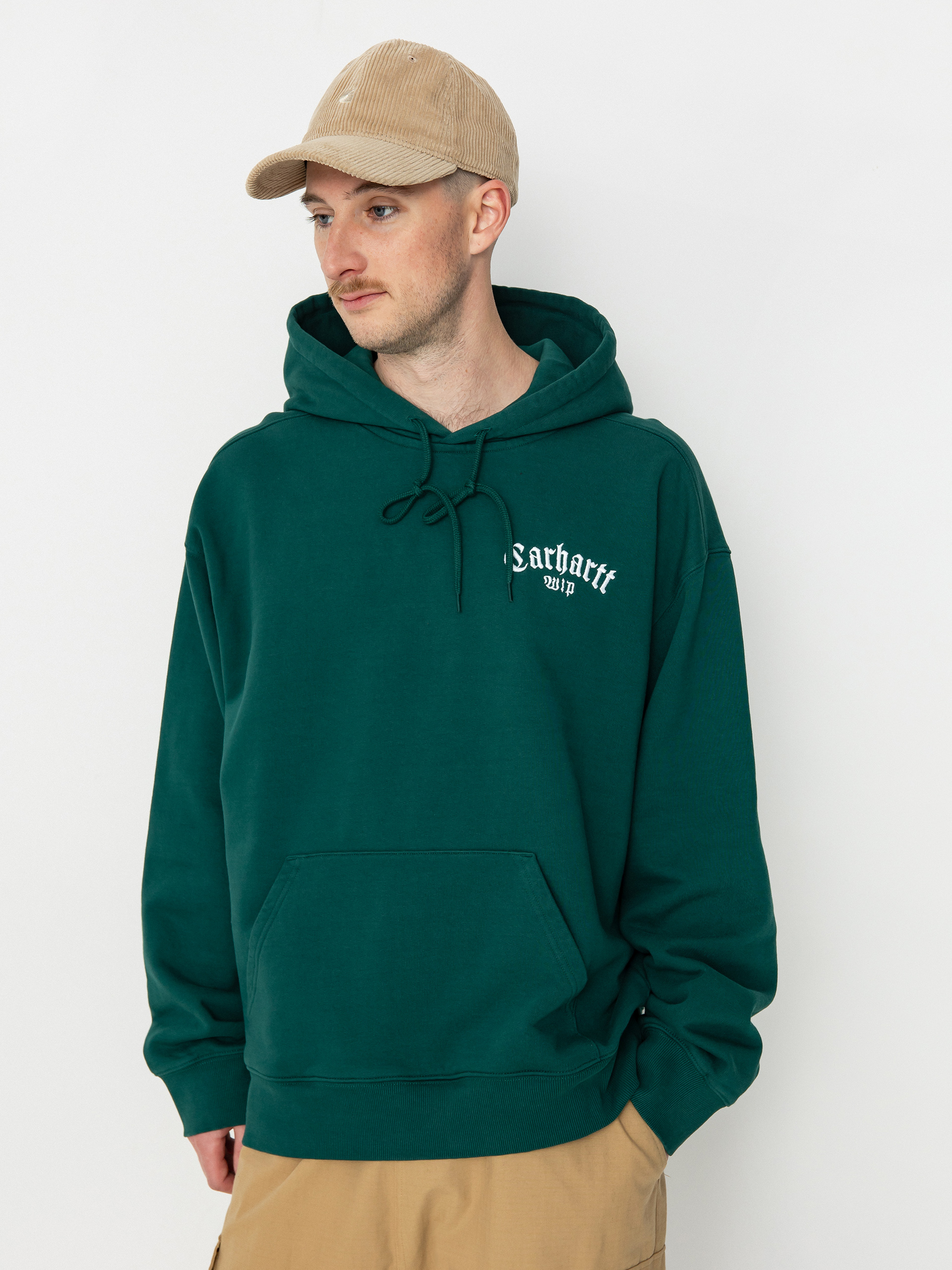 Hanorac cu glugă Carhartt WIP Onyx Script HD (chervil/white)