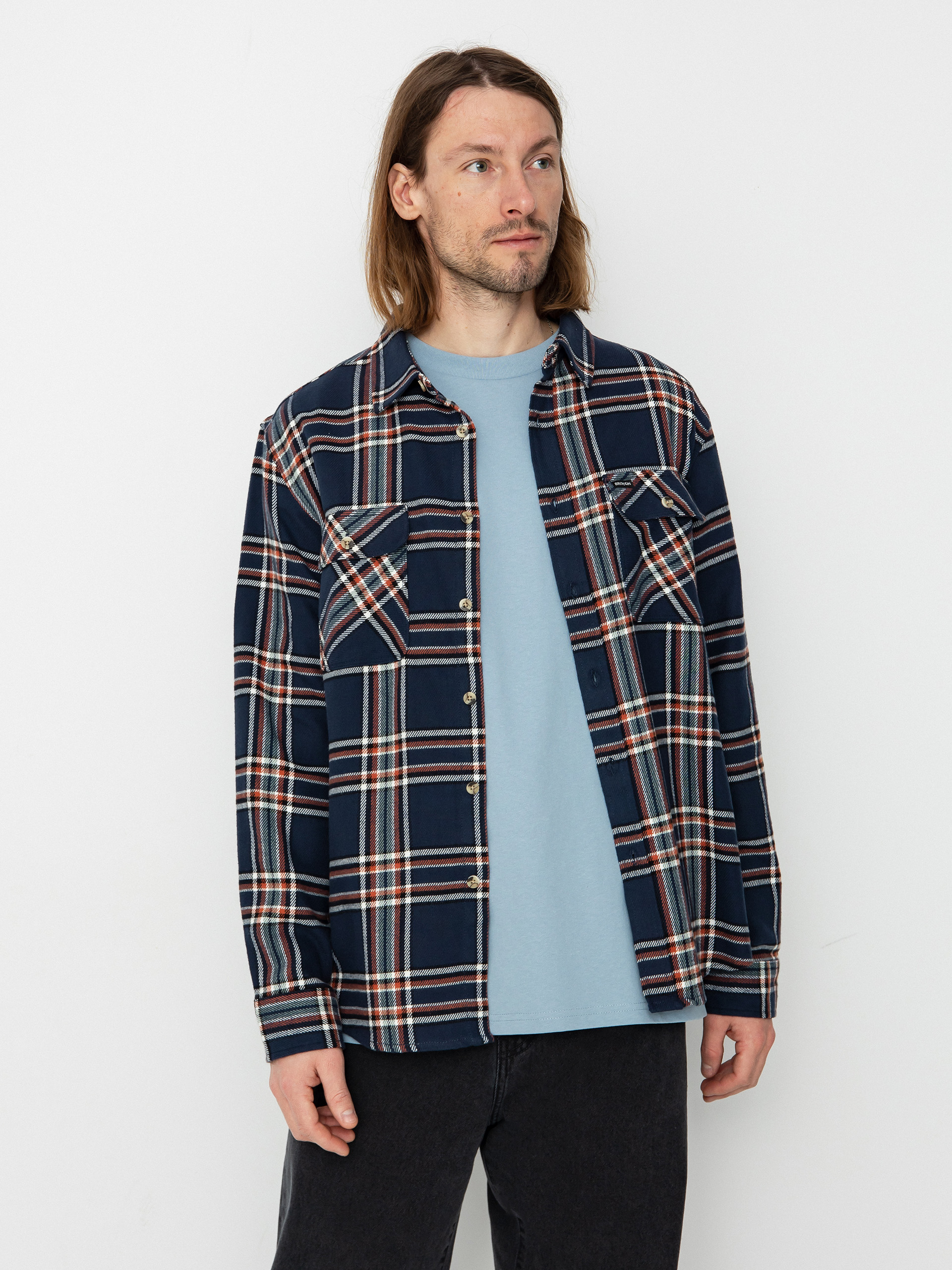Cu0103mau0219u0103 Brixton Bowery Flannel Ls (washed navy/off white/terracot)
