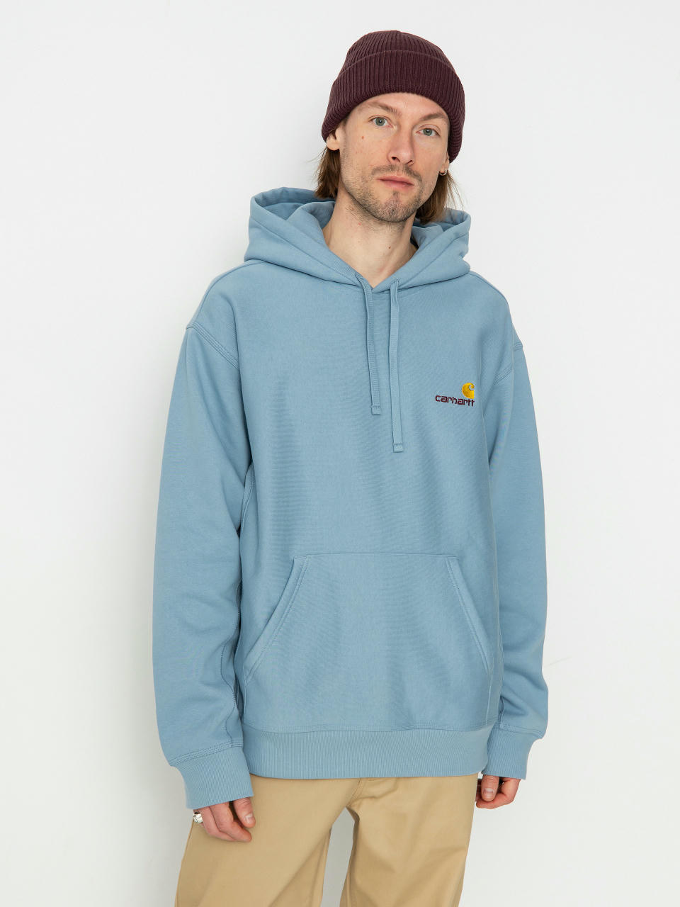 Hanorac cu glugă Carhartt WIP American Script HD (frosted blue)