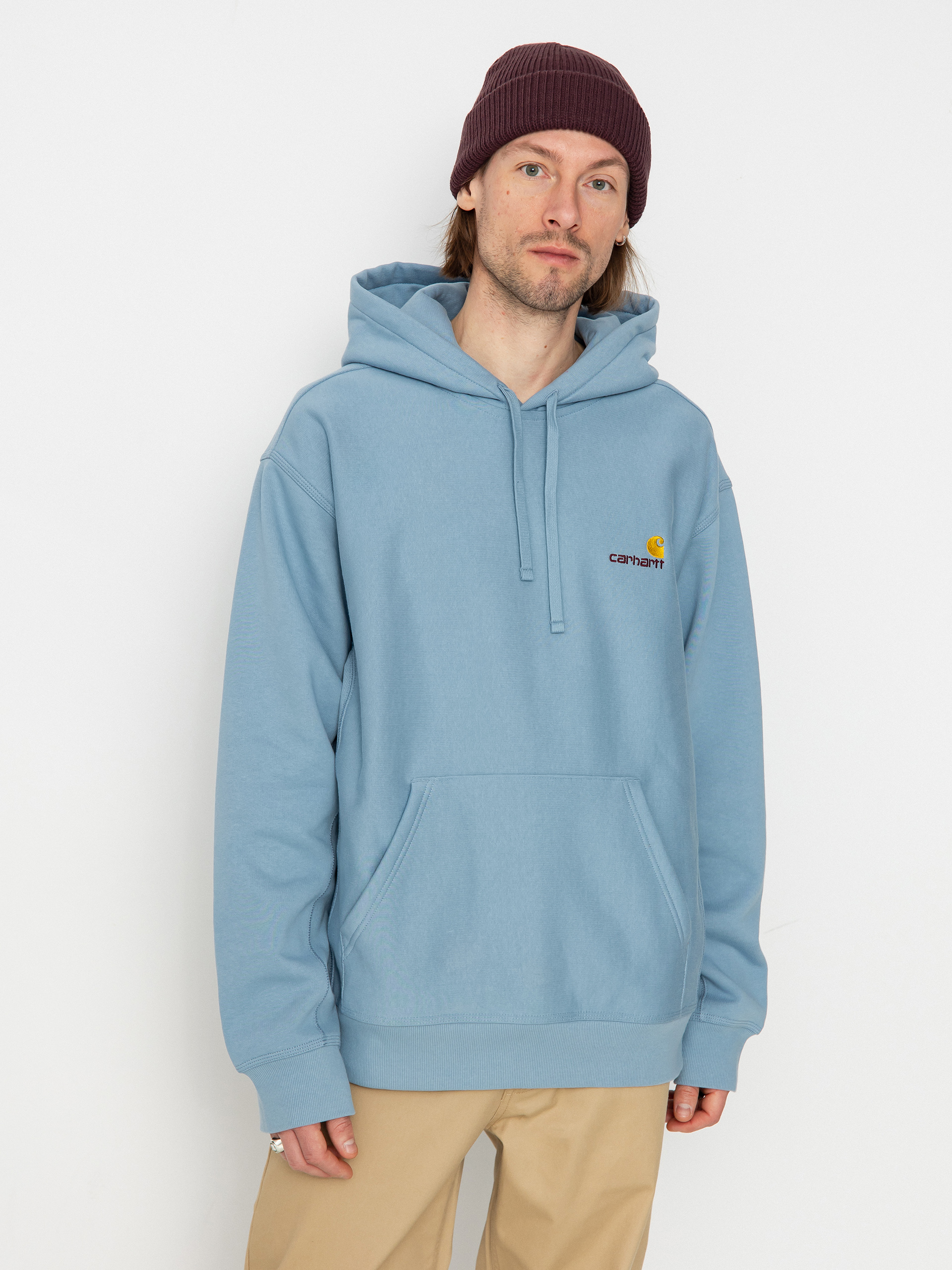 Hanorac cu glugă Carhartt WIP American Script HD (frosted blue)