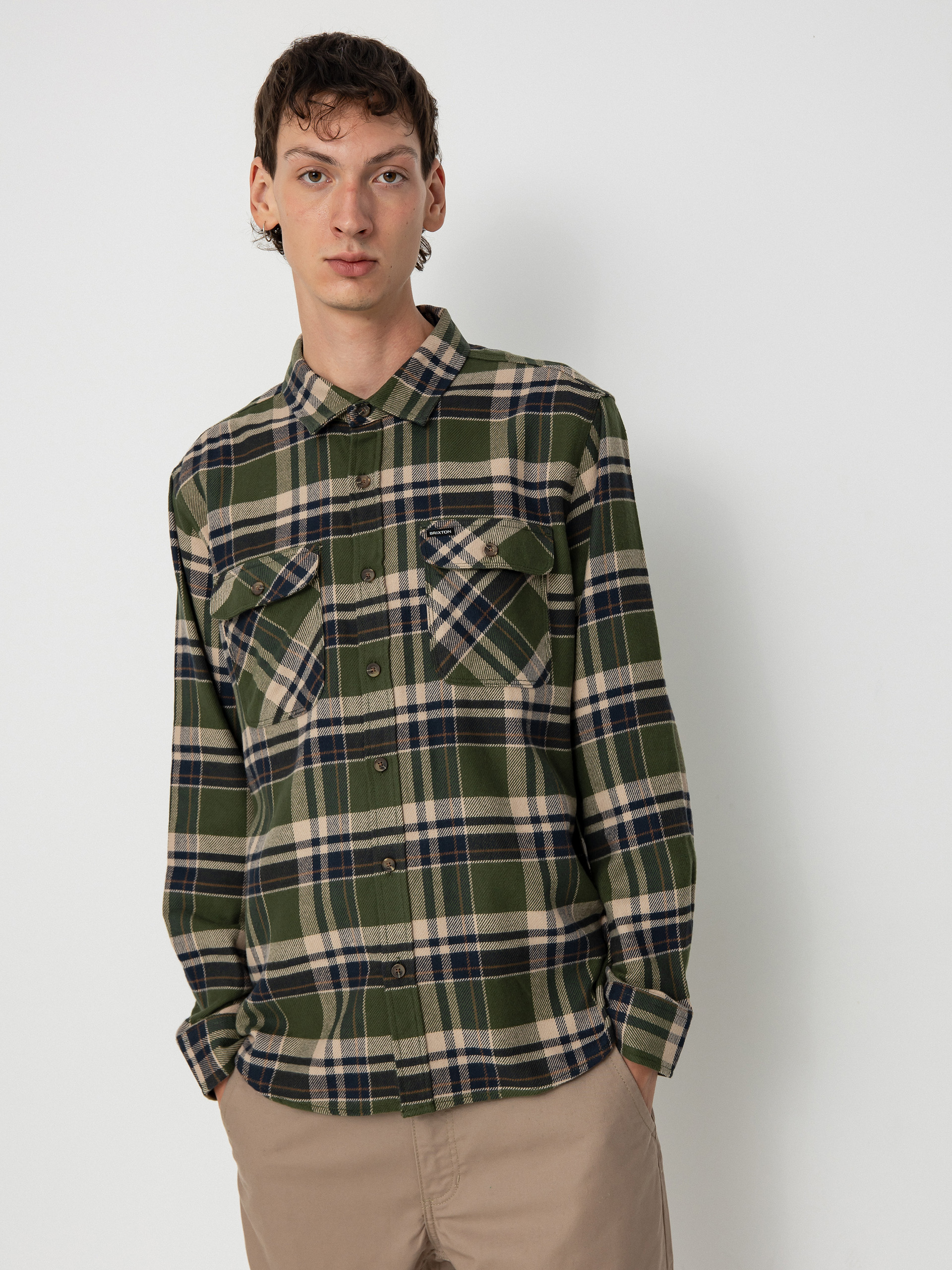 Cu0103mau0219u0103 Brixton Bowery Flannel Ls (cypress green/washed navy/whit)