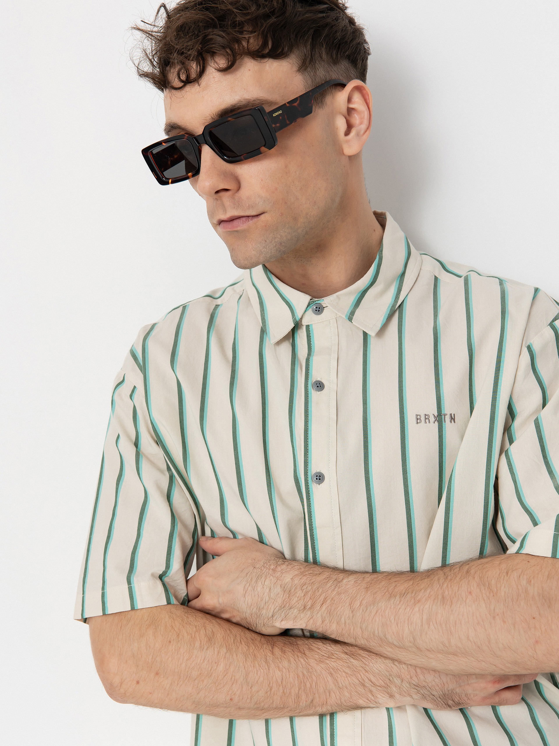 Cămașă Brixton Cru Stripe (beige/pine needle/aquatic gree)