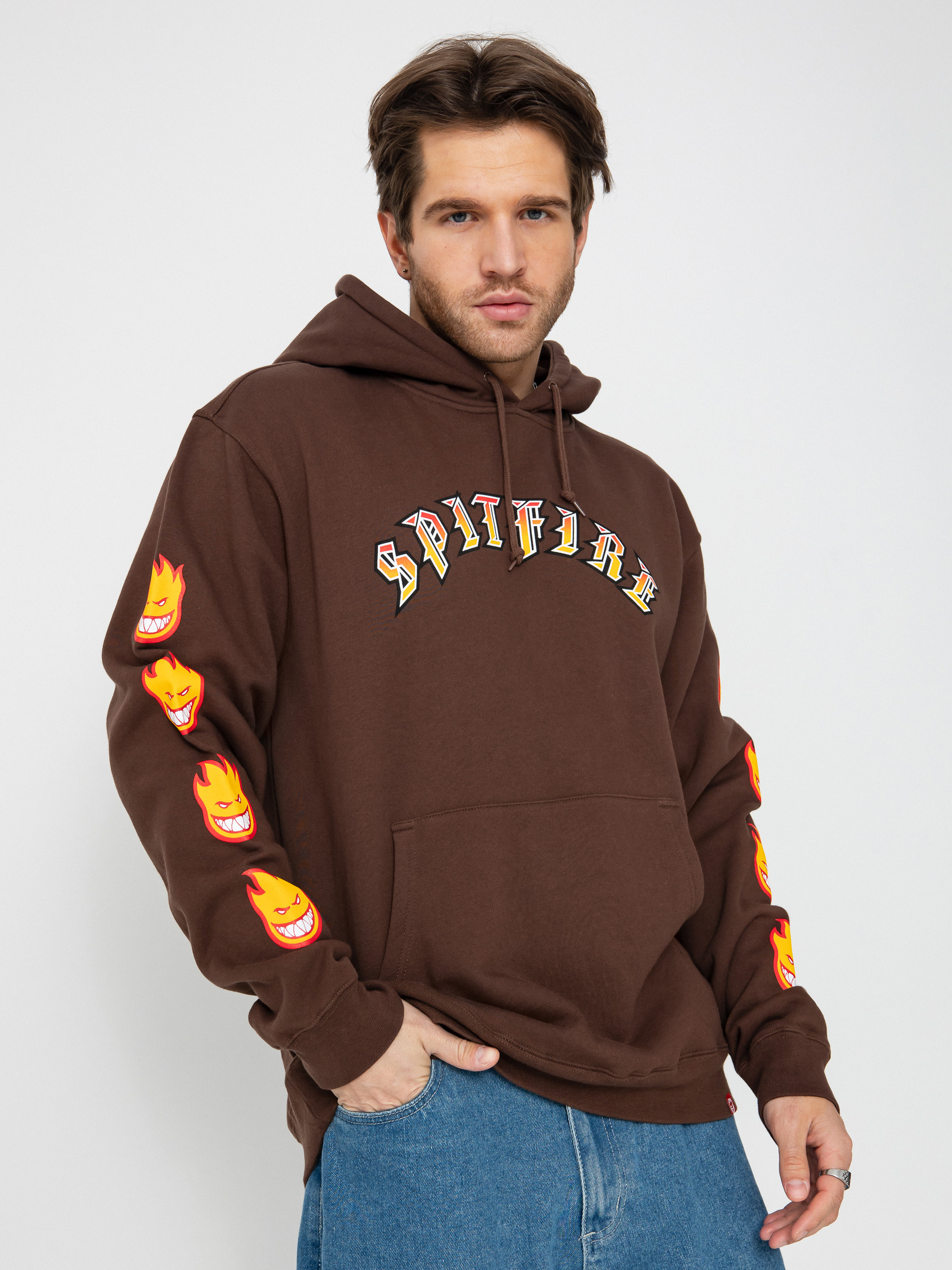 Hanorac cu glugă Spitfire Old E Bighead Fill Sleeve HD (brown/gold red/white & black prints)