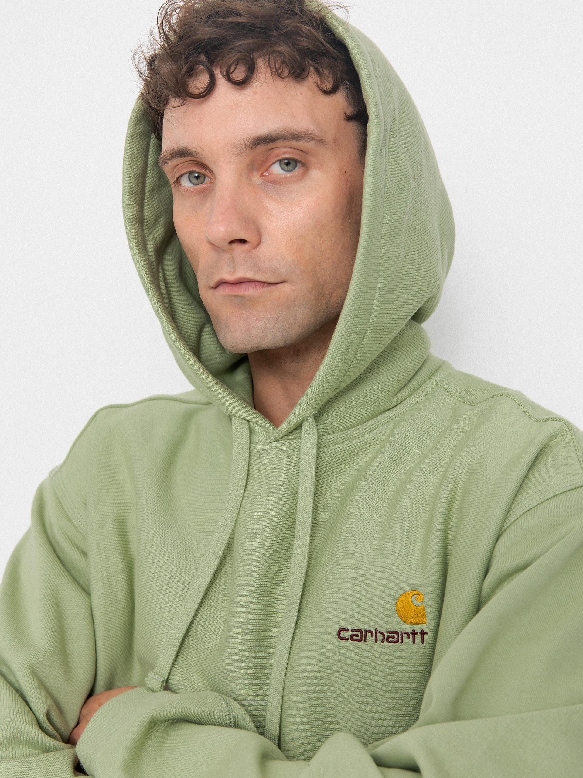 Hanorac cu glugă Carhartt WIP American Script HD (pale olive)
