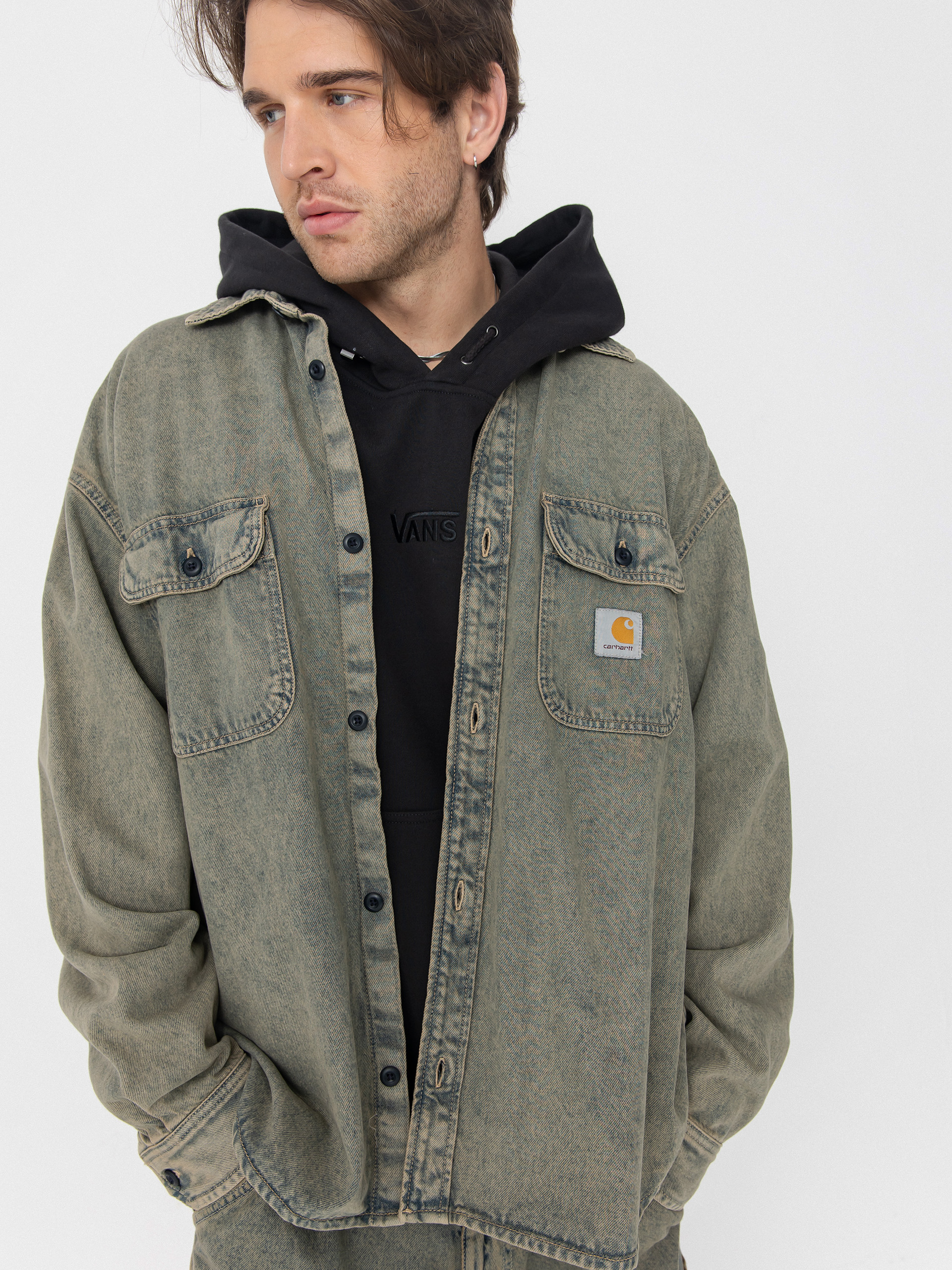 CQ3.CQＣ+ Geacă Carhartt WIP Tigan - verde (blue/leather/garment dyed)
