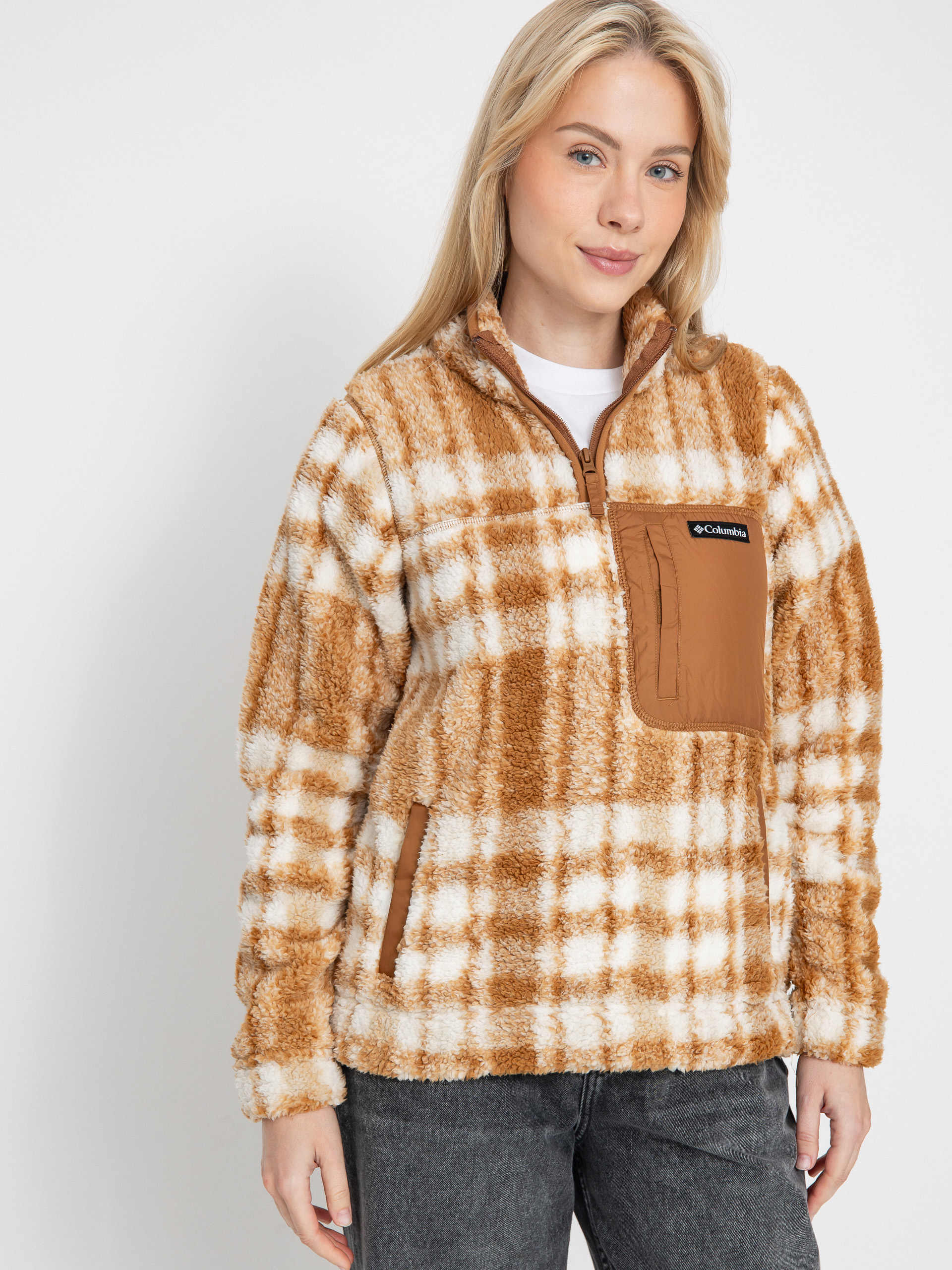 Pentru femei Hanorac din fleece Columbia West Bend 1/4 Zip II (camel brown herringplaid)