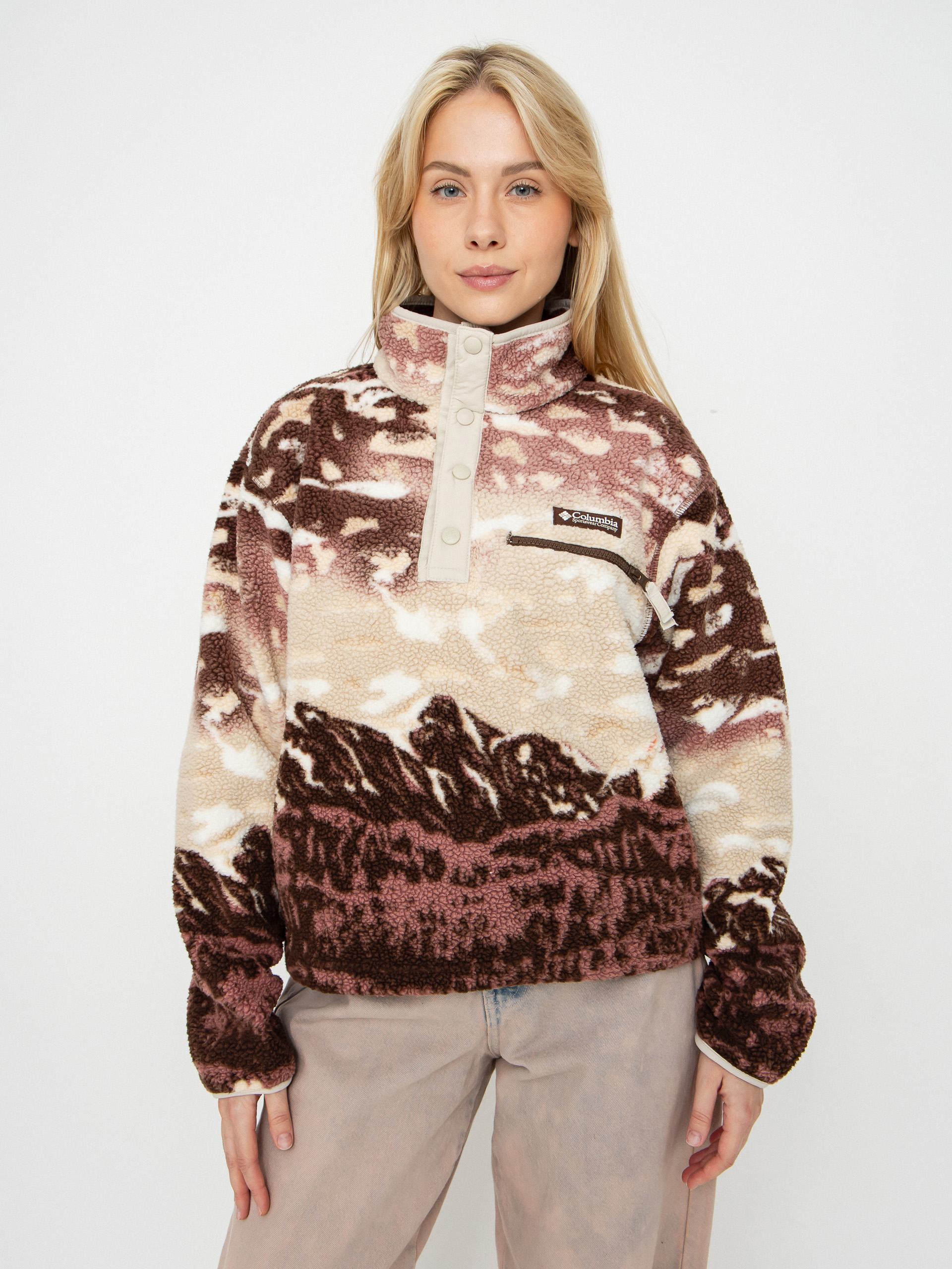 Hanorac din fleece Columbia Helvetia II Printed Cropped Half Snap Wmn (tobacco sisters/dark stone)