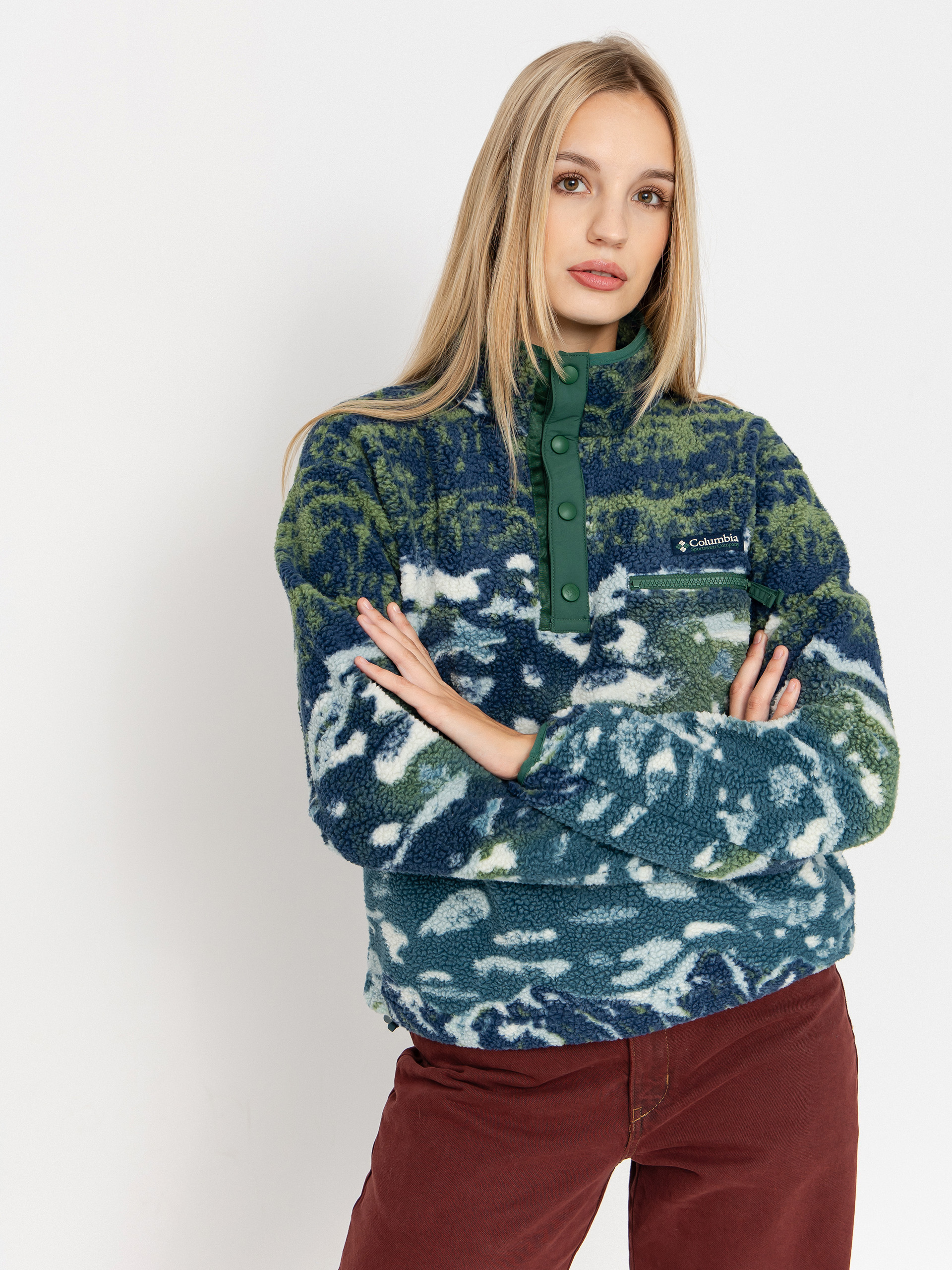 Hanorac din fleece Columbia Helvetia II Printed Cropped Half Snap Wmn (everblue sisters/rain forest)