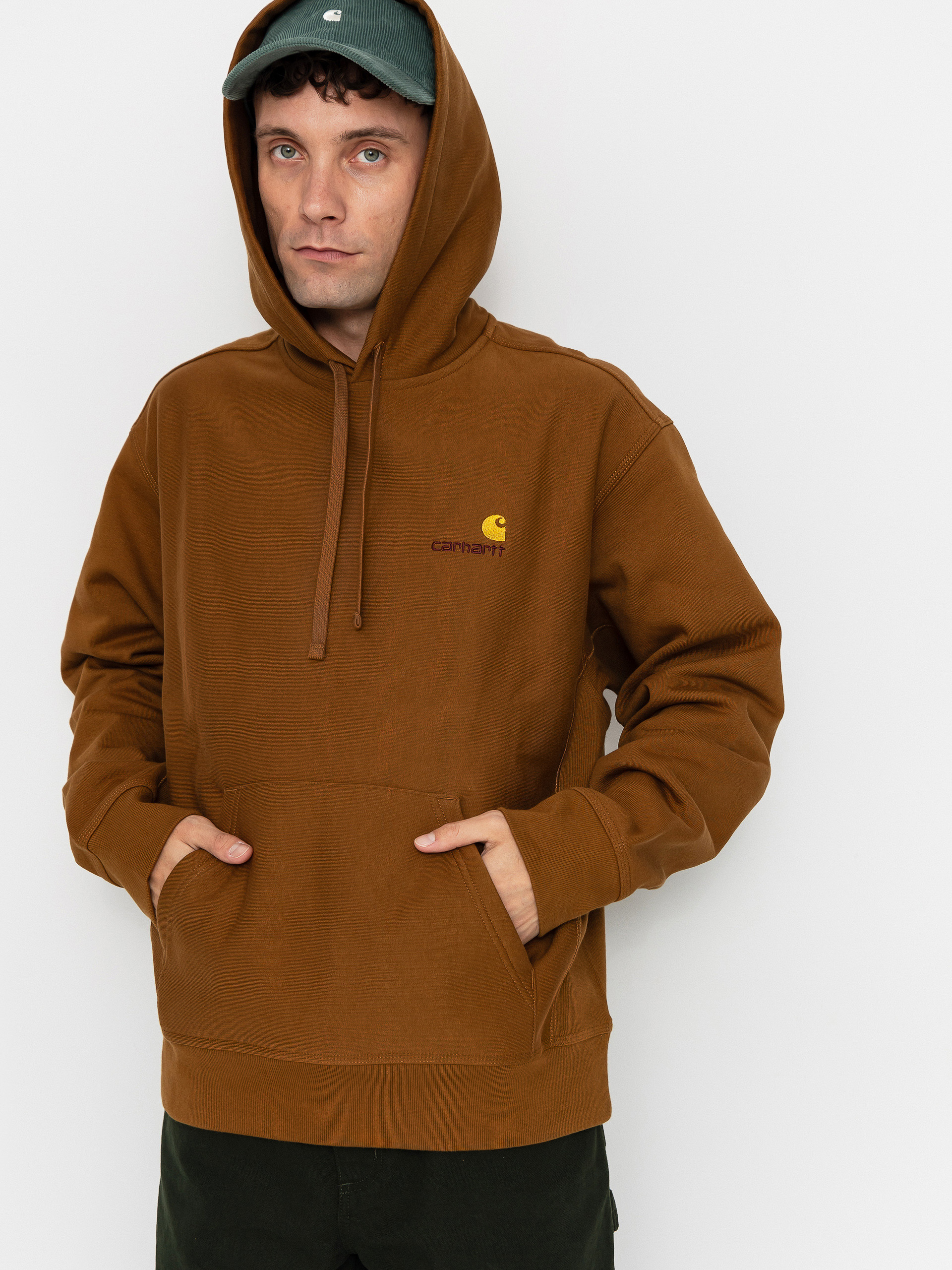 Hanorac cu glugu0103 Carhartt WIP American Script HD (hamilton brown)