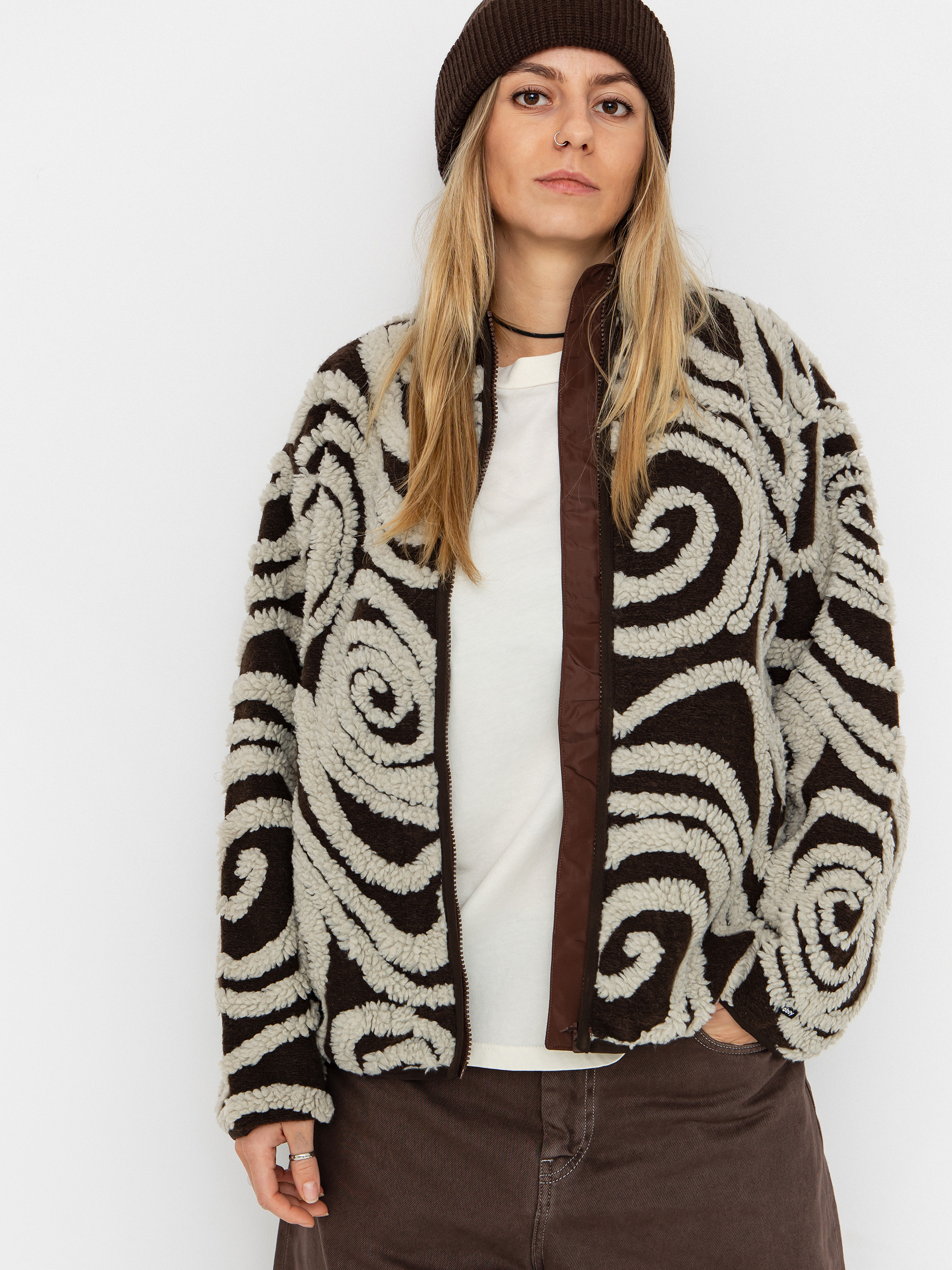 Hanorac din fleece OBEY Swirls Jacquard Zip Wmn (brown multi)