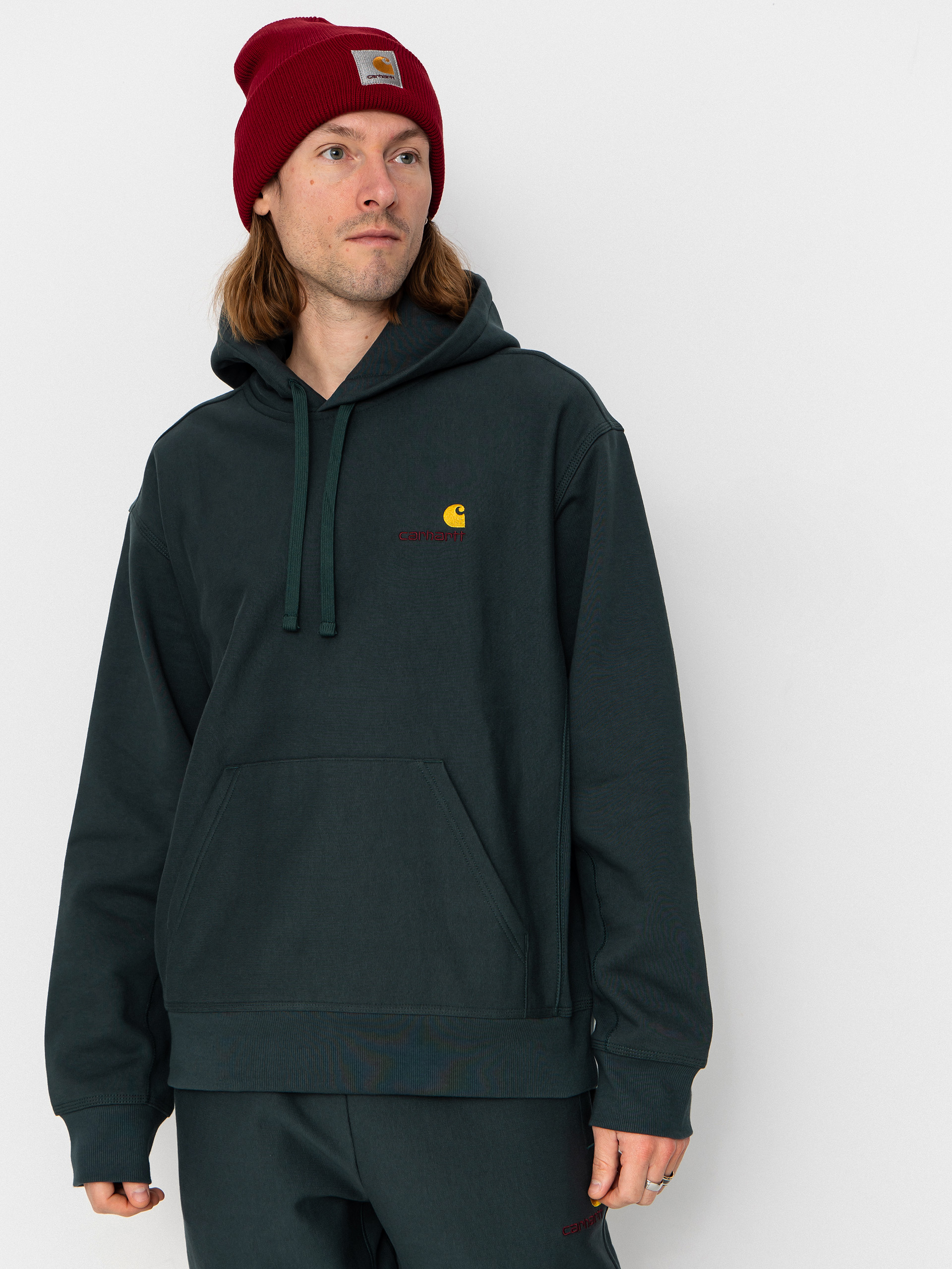 Hanorac cu glugă Carhartt WIP American Script HD (kale green)