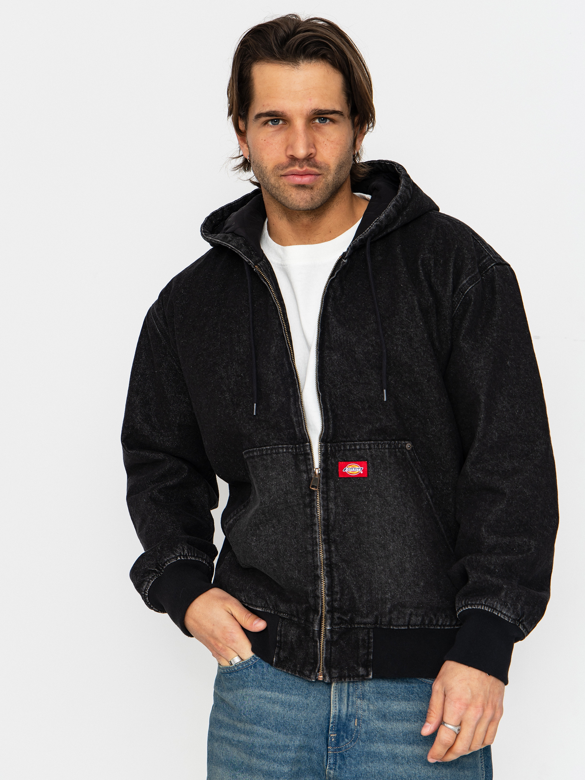Geacu0103 Dickies Hilham Lined Denim Hooded Bomber (black wash faded)
