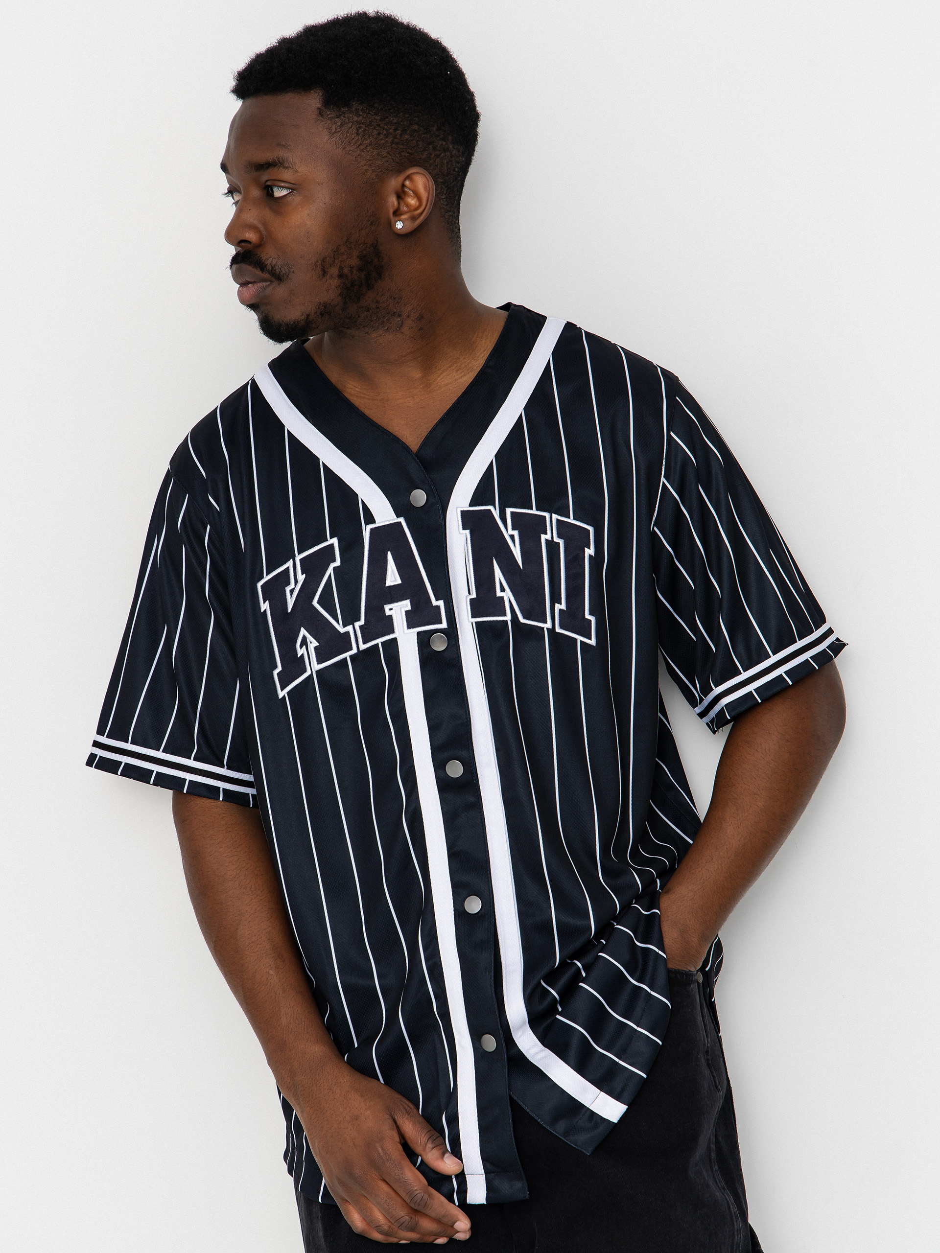 Cămașă Karl Kani Serif Pinstripe Baseball (black/white)