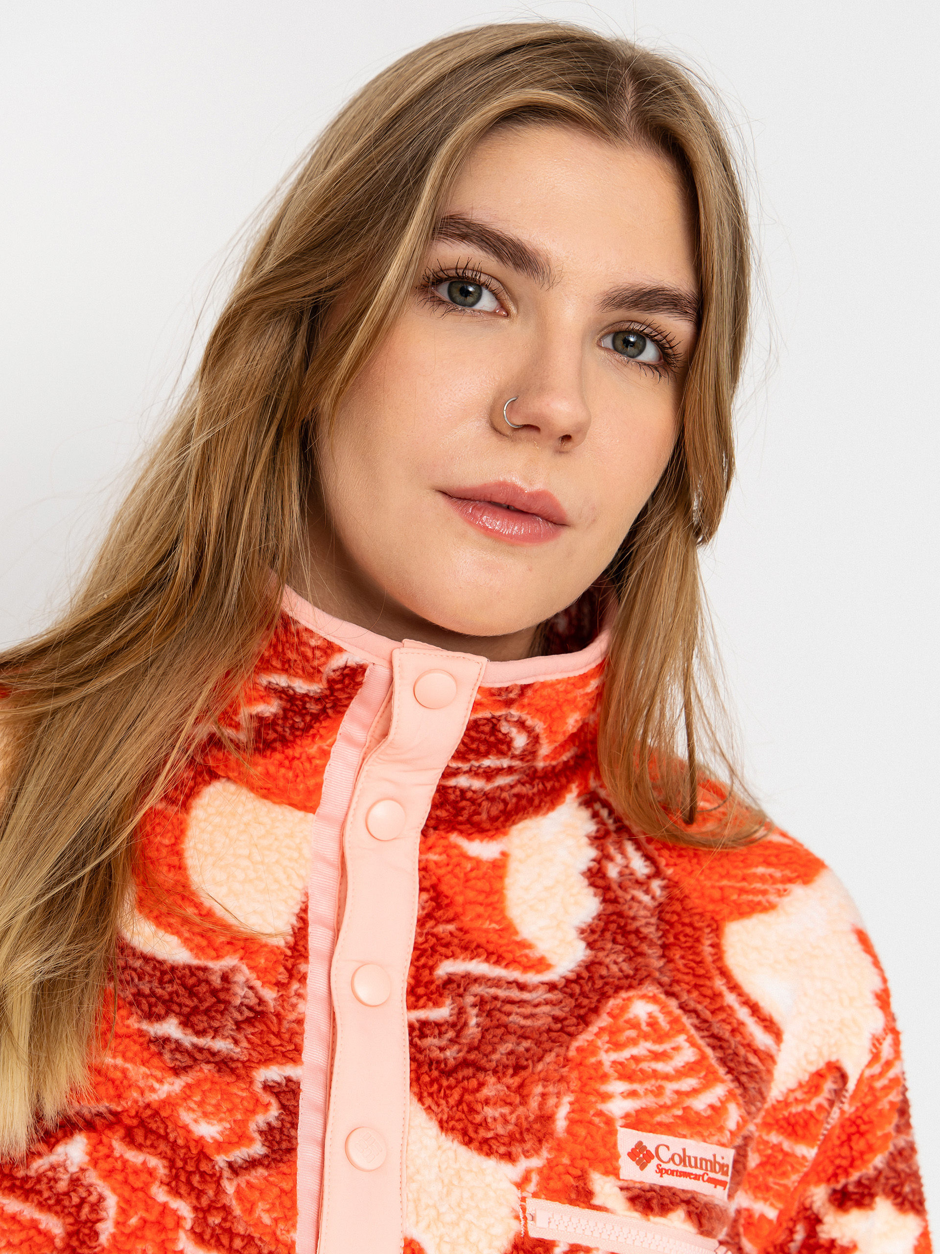 Pentru femei Hanorac din fleece Columbia Helvetia II Printed Cropped Half Snap (poppy red/sunscape)