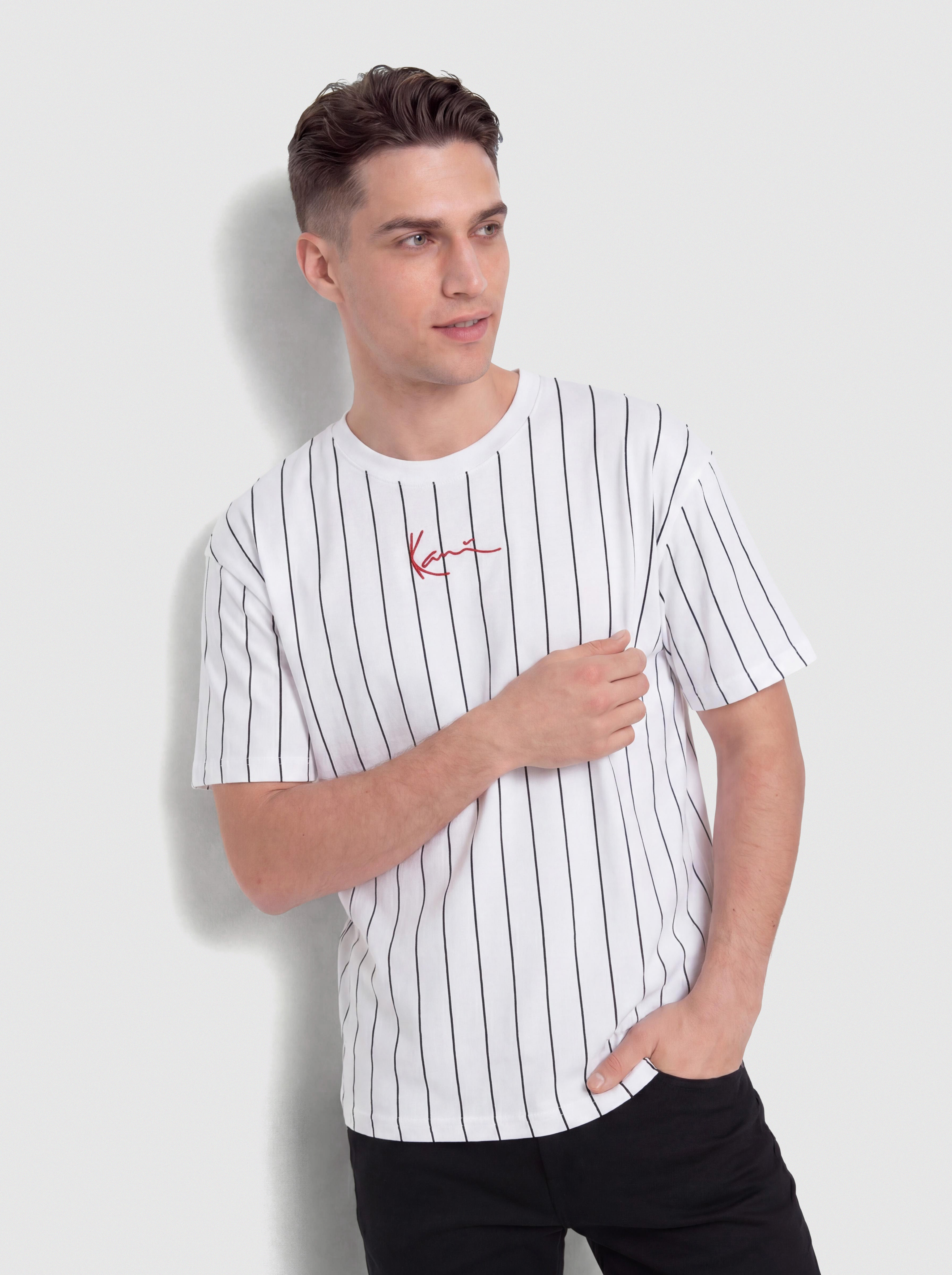 Tricou Karl Kani Small Signature Pinstripe (white/black)