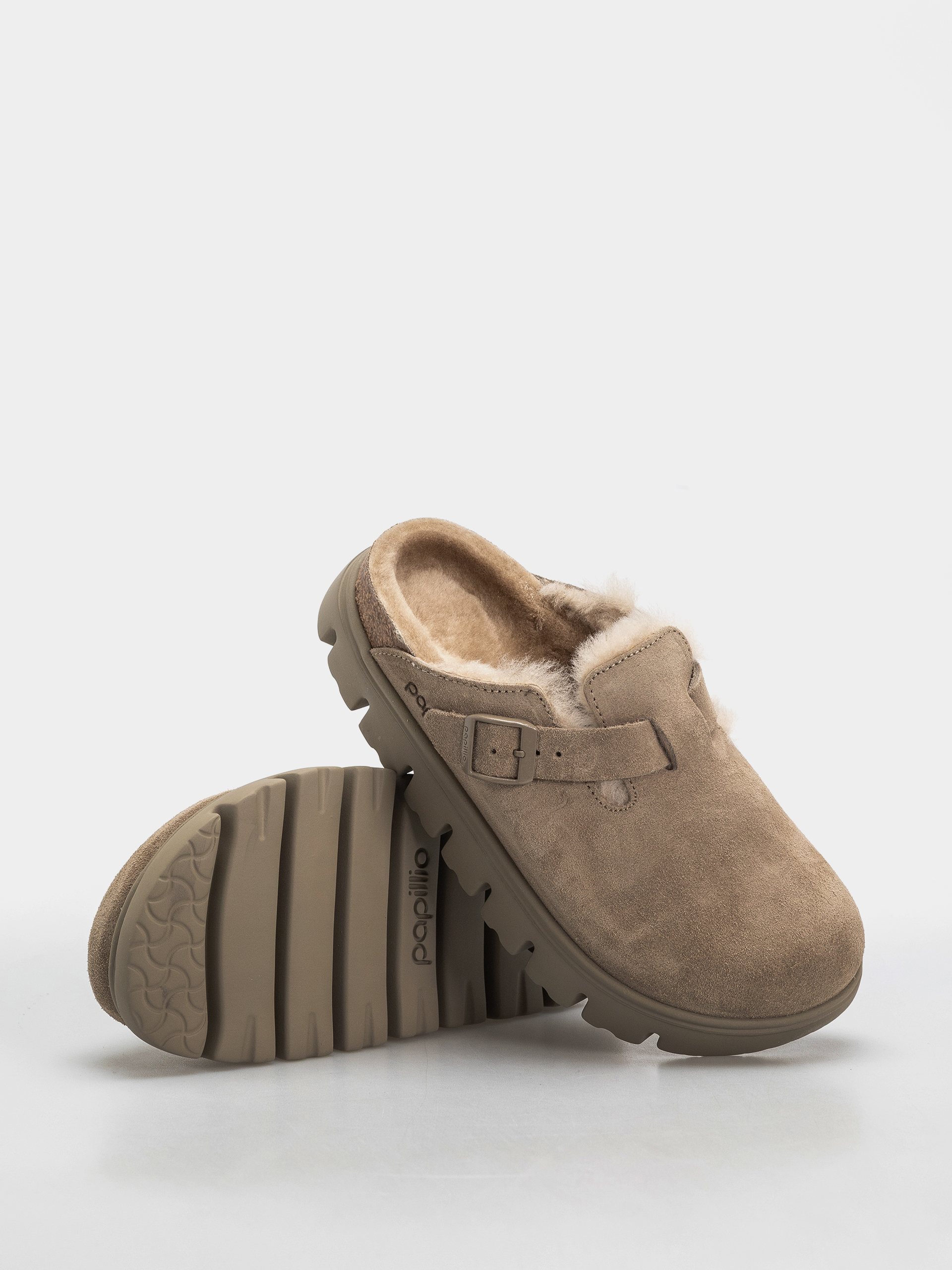Șlapi Birkenstock Boston Chunky Shearling Suede Leather Narrow Wmn (taupe)