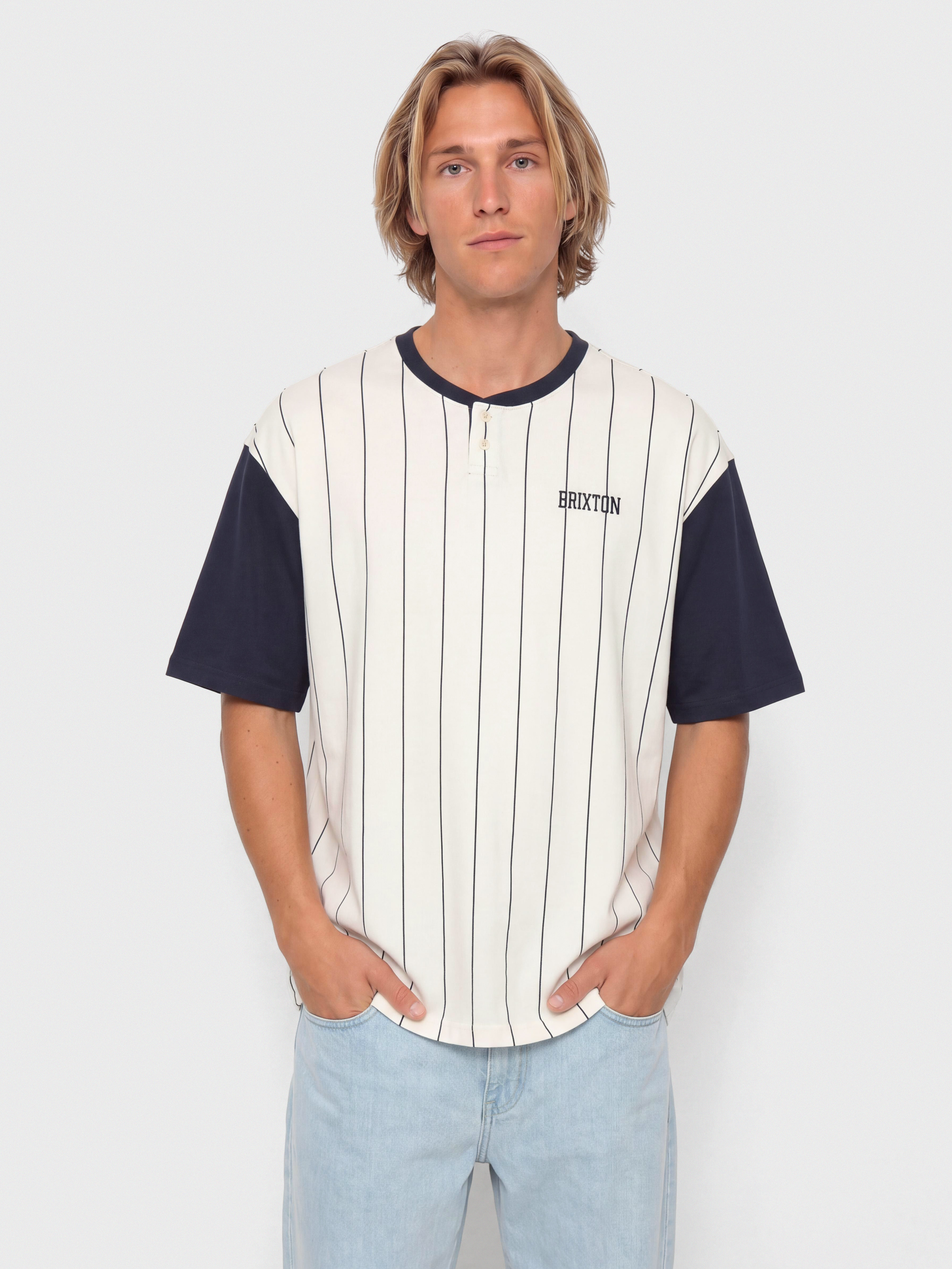 Tricou Brixton T-Shirt Boxy Baseball (off white stripe/washed navy)